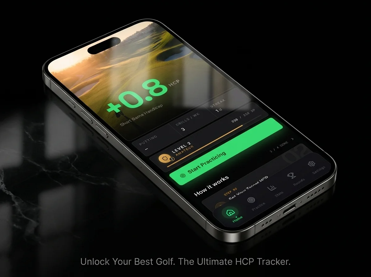 Golf app displayed on a phone on a table, representing app evaluation and review